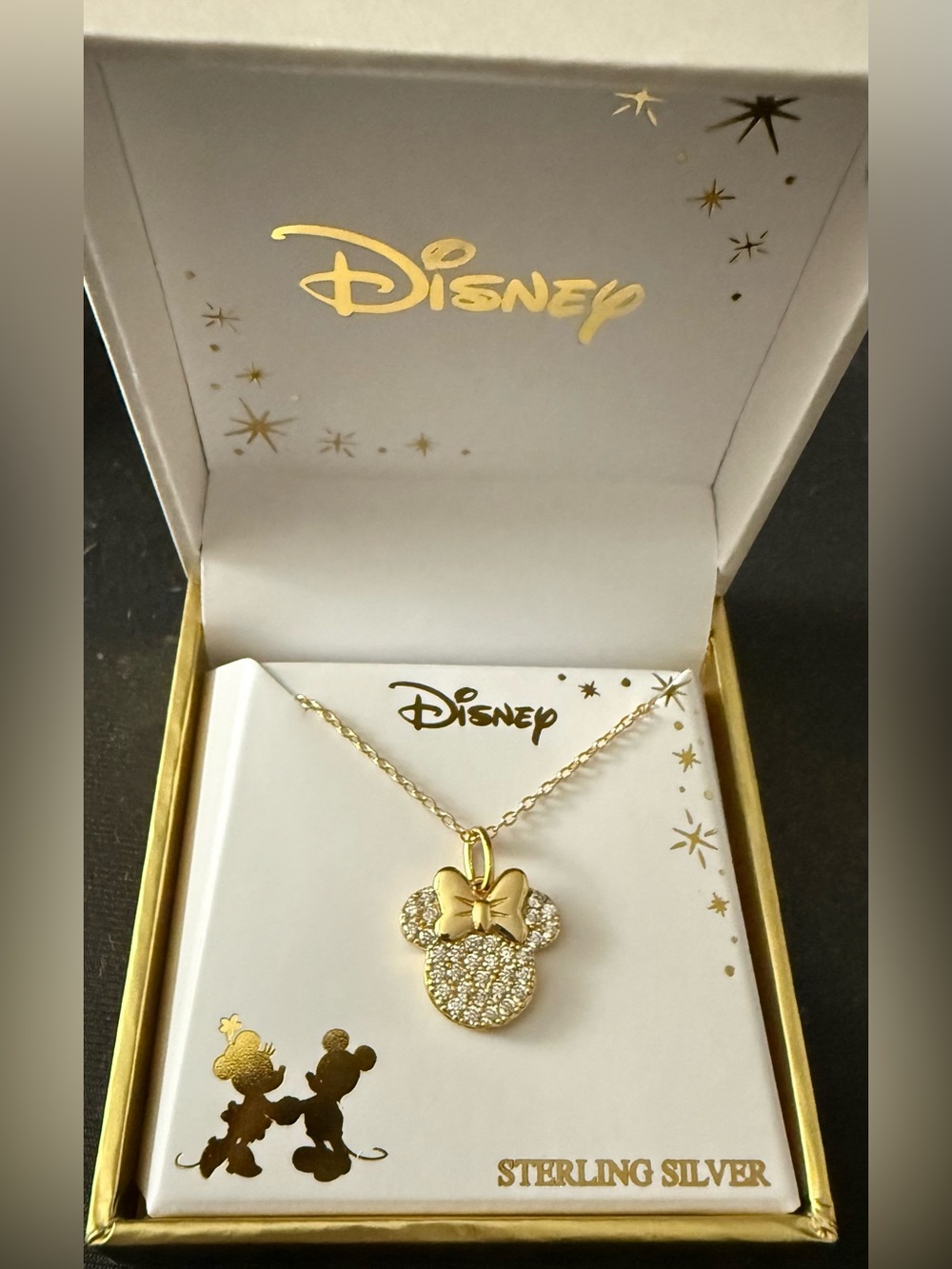 Disney Gold over Sterling Silver and Crystal Minnie Bow Pendant Necklace in box